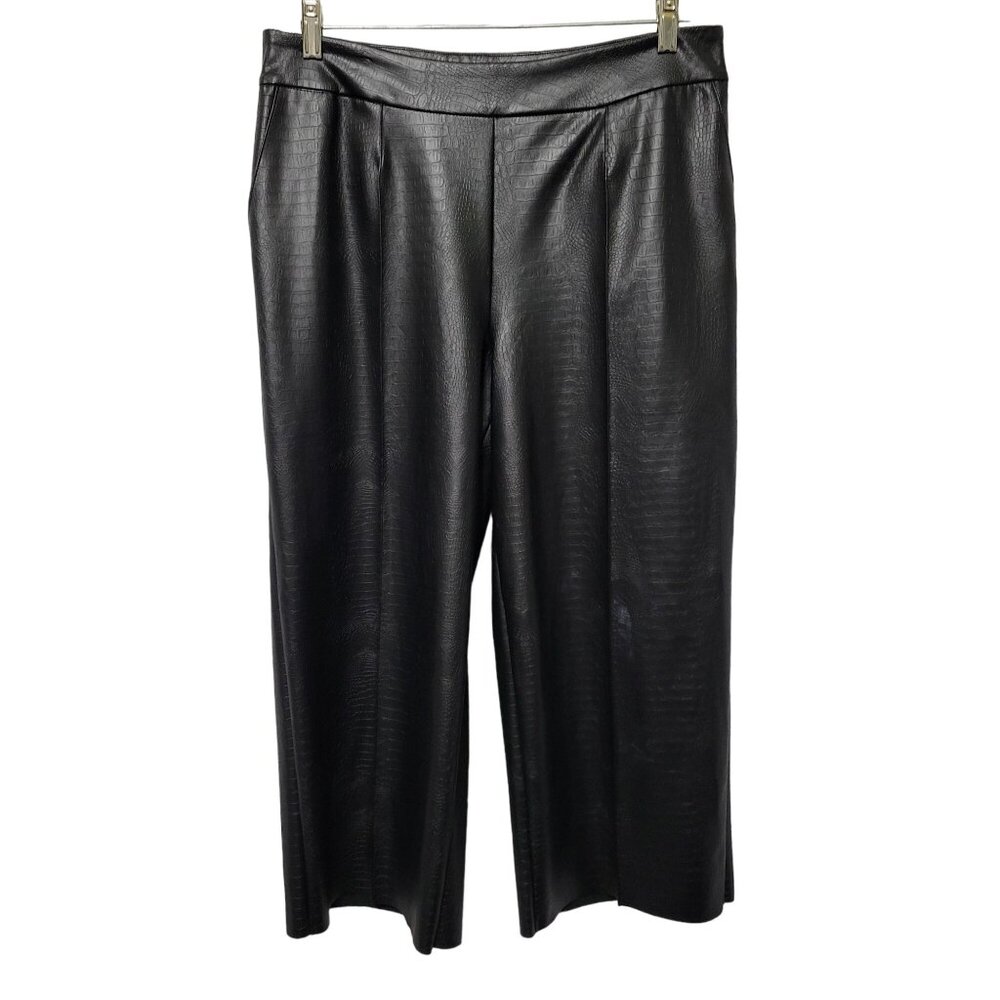J Jason Wu Sz 10 Pants Faux Leather Croc Texture Cropped Culotte Wide Leg Black